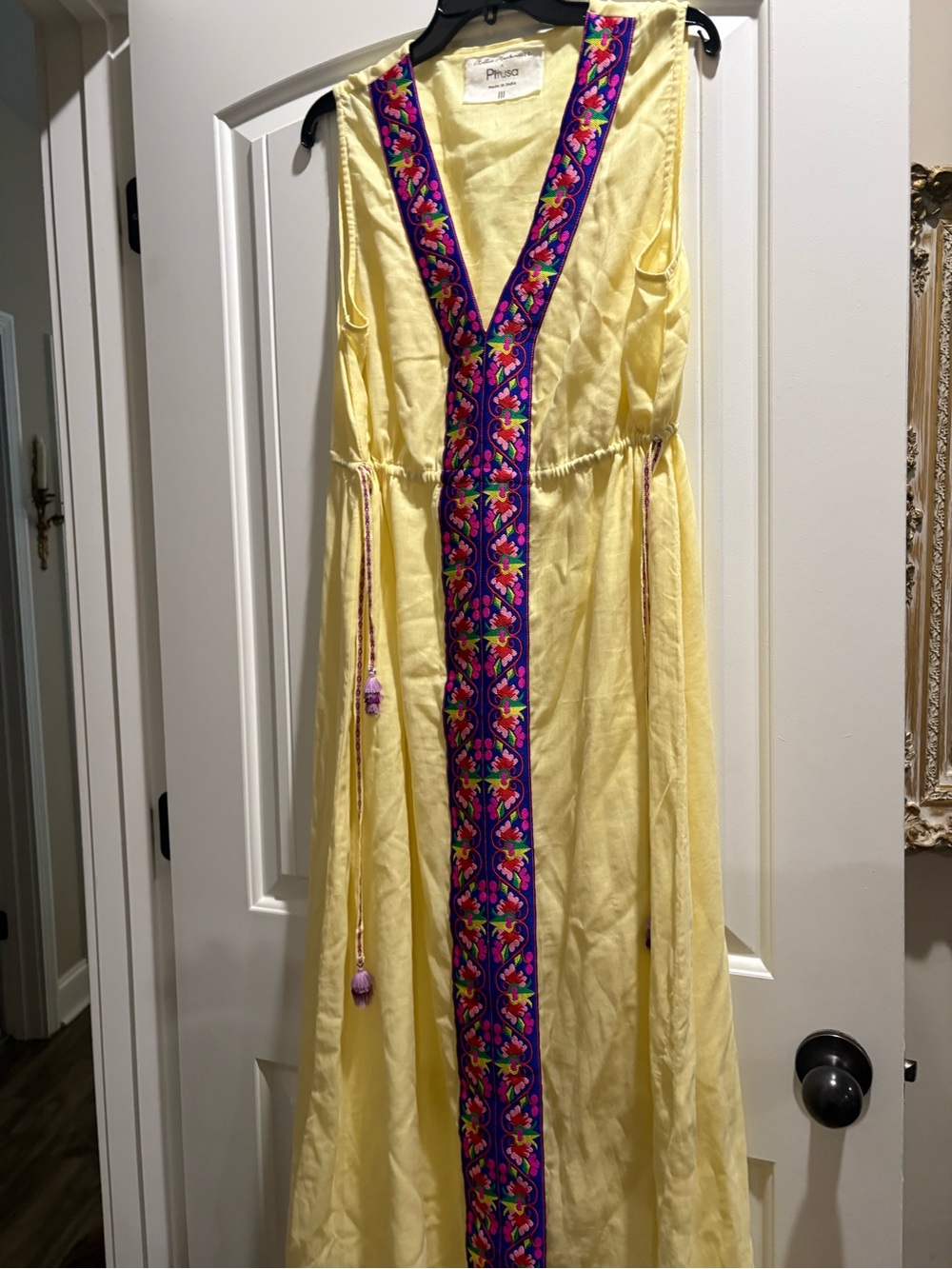 Yellow Embroidered V-Neck Maxi Dress with Colorful Trim